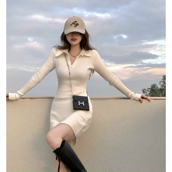 [9,9 Sales Freeship] Váy đầm nữ ôm body, đầm thun cổ v tay dài dáng ngắn đi chơi cá tính, đầm thun cổ bẻ tôn dáng