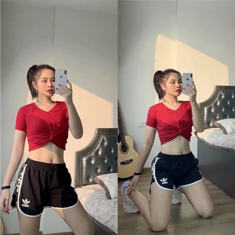 ÁO CROPTOP CỘC TAY XOẮN EO TẬP GYM,AEROBIC, YOGA,ZUMBA NỮ