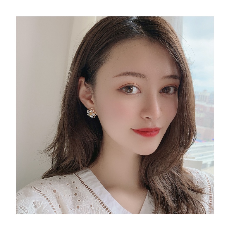 Khuyên tai mặt hình bông hoa hai lớp đính đá phong cách Hàn Quốc thời trang