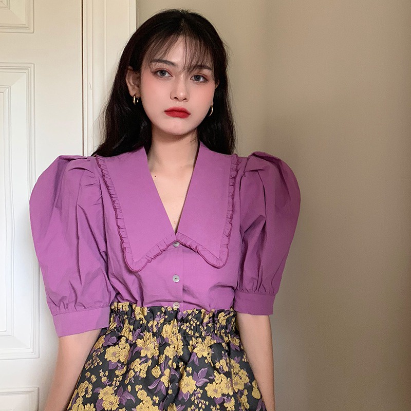 Áo Sơ Mi Tay Ngắn Phồng Cổ Búp Bê Màu Trơn Phong Cách Hàn Quốc Thời Trang Cho Nữ