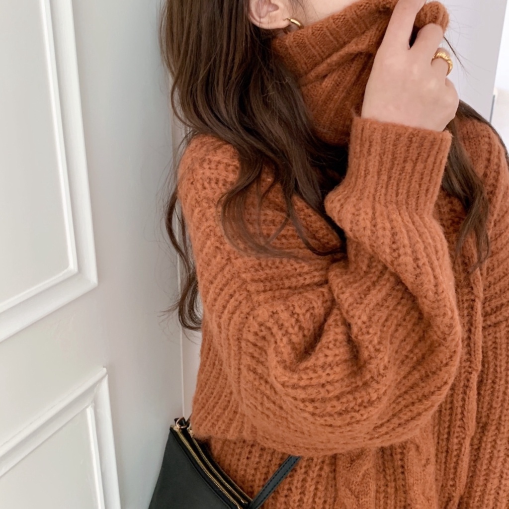 (ORDER) Áo len gân xoắn thừng cổ lọ form rộng màu trơn dày dặn ấm áp mùa đông style vintage Hàn Quốc