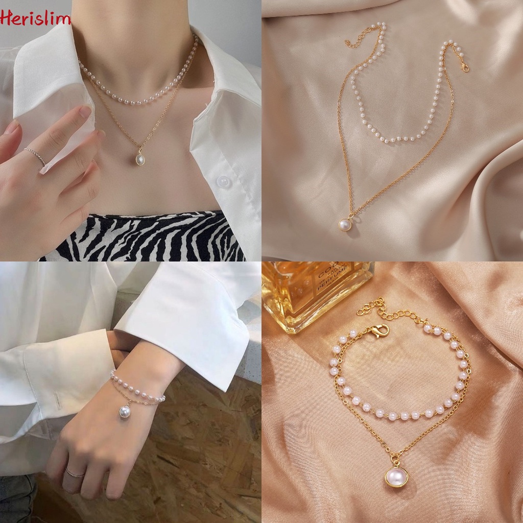 Dây chuyền / Vòng đeo tay đính hạt ngọc trai thời trang phong cách retro Hàn Quốc dành cho nữ