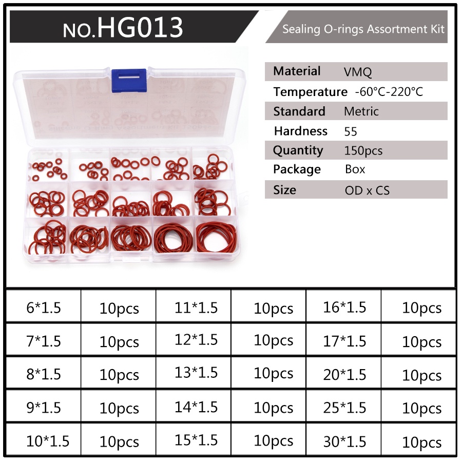 Hộp 150 Vòng Đệm silicone Đỏ 6mm-30mm cs 1mm 1.5mm 1.9mm 2.4mm
