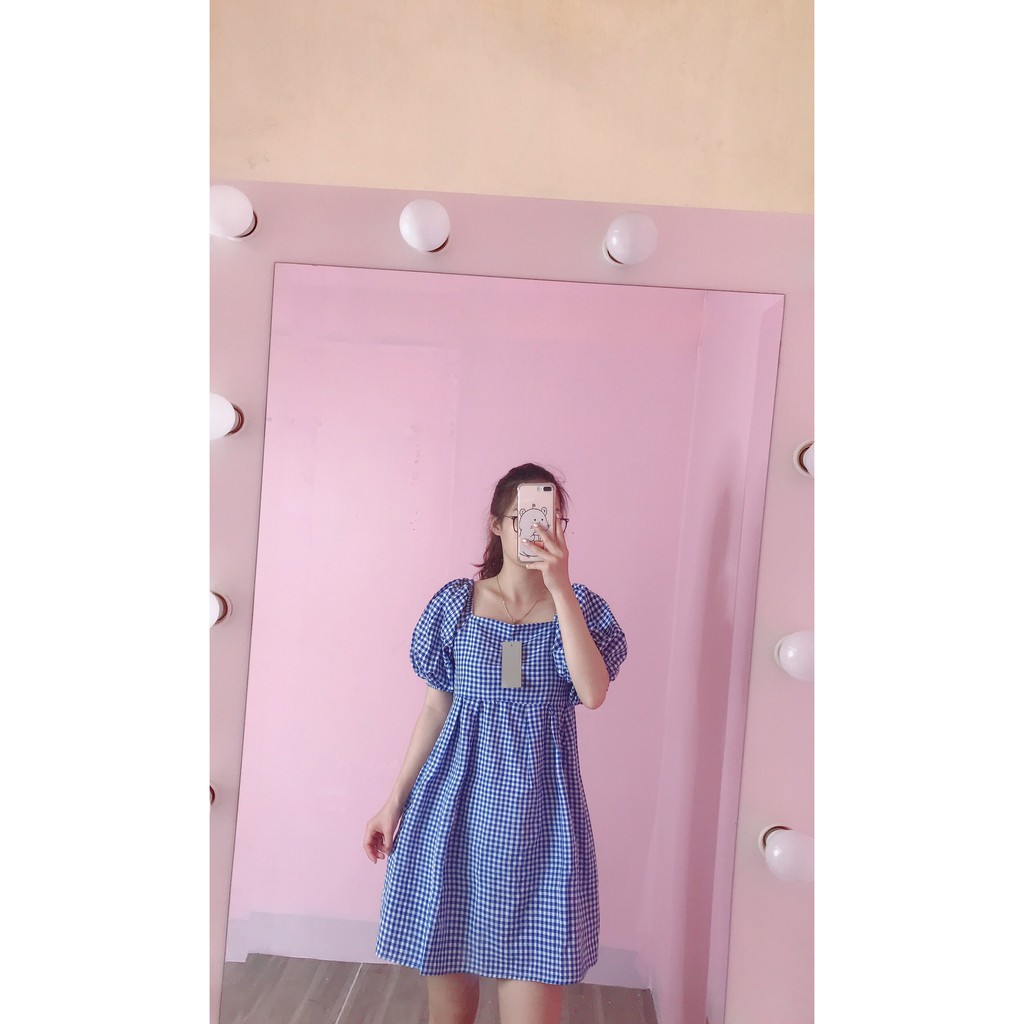 Đầm babydoll trễ vai kẻ xanh tay bồng tiểu thư dáng suông ulzzang/ Váy nữ dáng xòe mặc 2 kiểu dễ thương_xuongmaythuhien