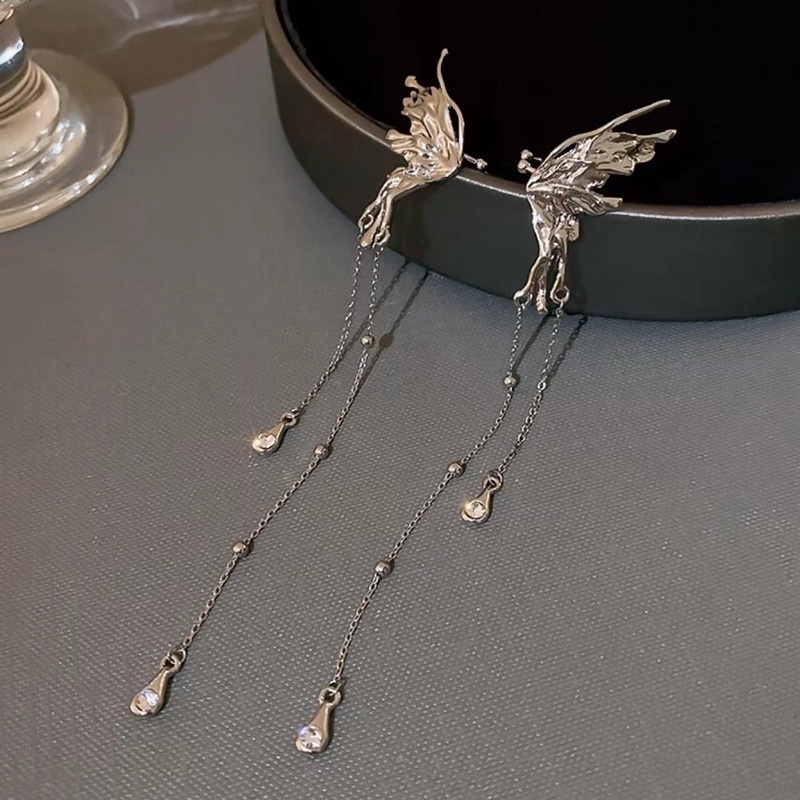 Bông Tai Kim Loại Dáng Dài Hình Bướm Thời Trang hip hop Đơn Giản Dành Cho Nữ