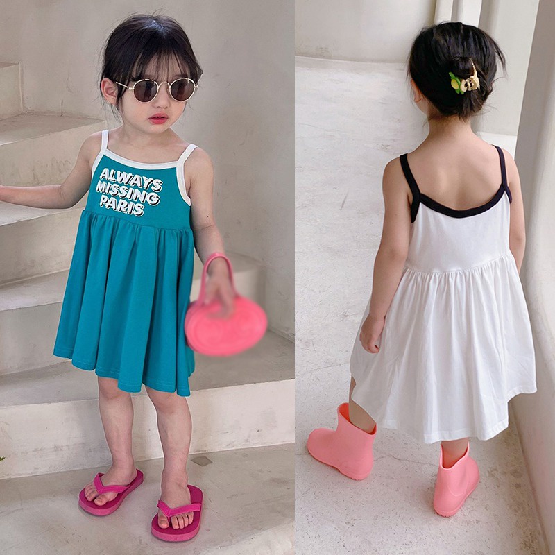 Đầm Đi Biển Hai Dây Không Tay In Chữ Thời Trang Mùa Hè Cho Bé Gái