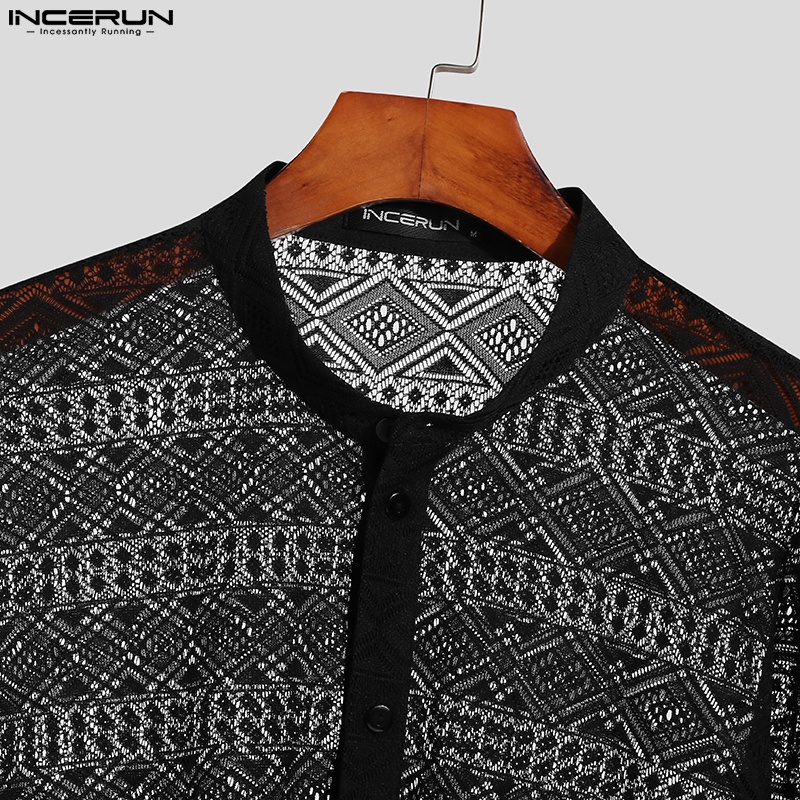 INCERUN Áo Sơ Mi Tay Dài Phối Lưới Thiết Kế Lỗ Thời Trang Cho Nam