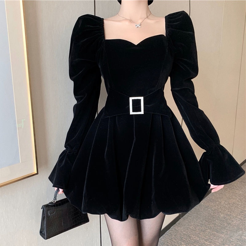 Đầm Nhung Đen Nhấn Eo Size Lớn Thời Trang Pháp Cho Nữ