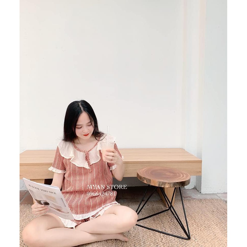 Bộ Thun Mặc Nhà - Set thun kẻ ô đuôi bèo nữ LE51 | BigBuy360 - bigbuy360.vn