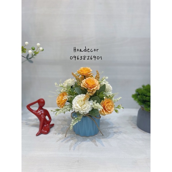 Chậu hoa giả, hoa lụa mini để bàn trang trí decor, làm quà tặng siêu đáng yêu