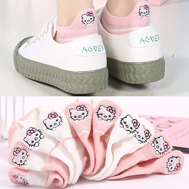 Cute Cat Embroidered Heel Protector Ankle Socks Girls Women Cotton Animals School Japanese Non Slip White Pink Low Cut Socks Kawaii