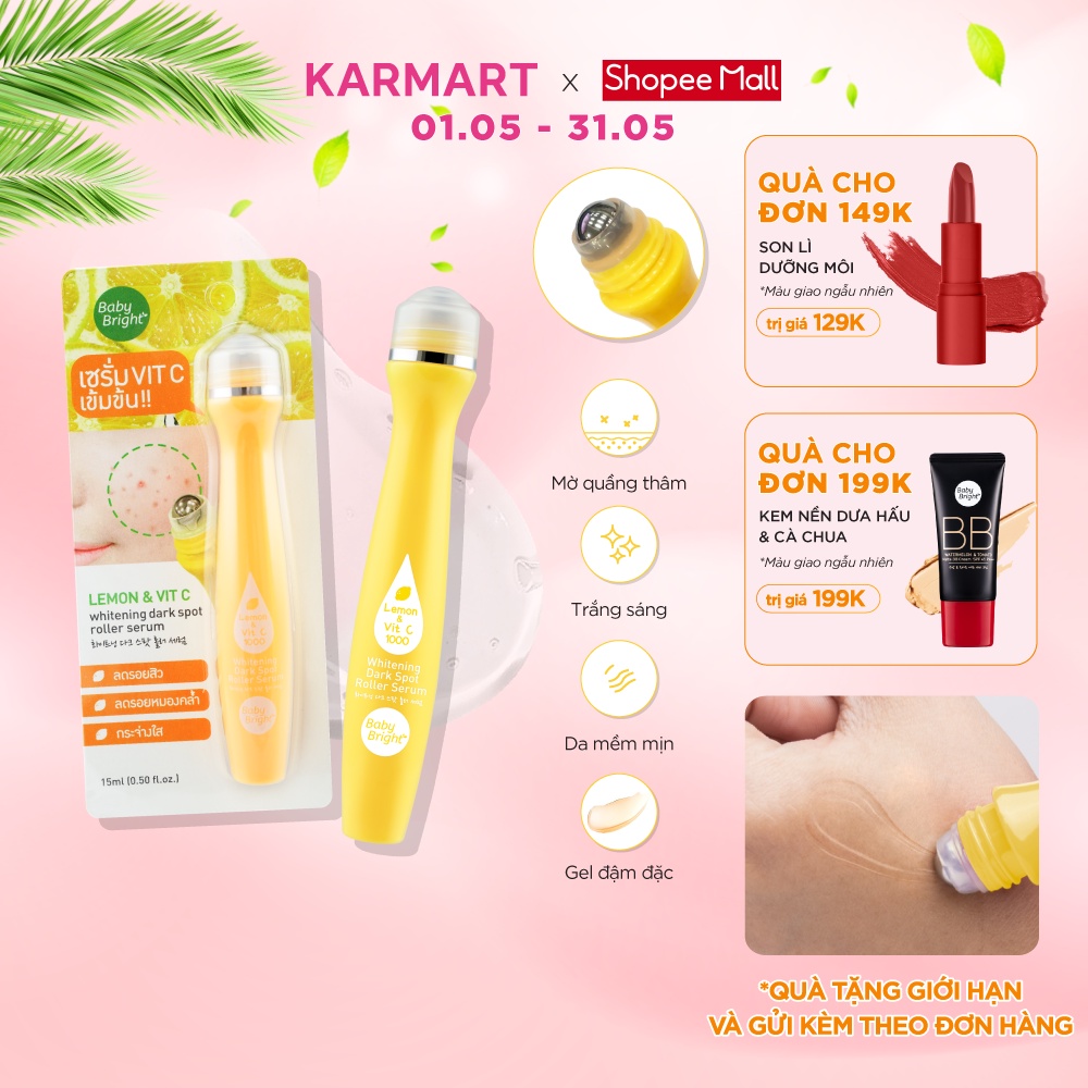 Cây Lăn Cải Thiện Thâm Mụn Baby Bright Lemon &amp; VitC Whitening Dark Spot Roller Serum 15ml