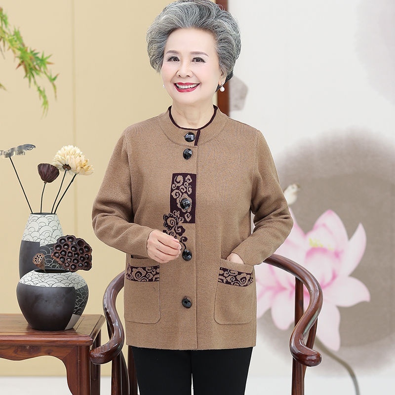 Áo len trung niên và cao tuổi mùa thu đông cộng với nhung dày bà ngoại áo len áo len