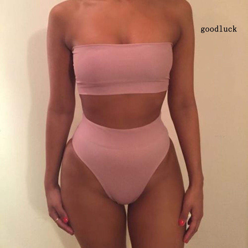Bộ Bikini 2 Mảnh Lưng Cao Co Giãn Màu Trơn Thời Trang Mùa Hè Cho Nữ