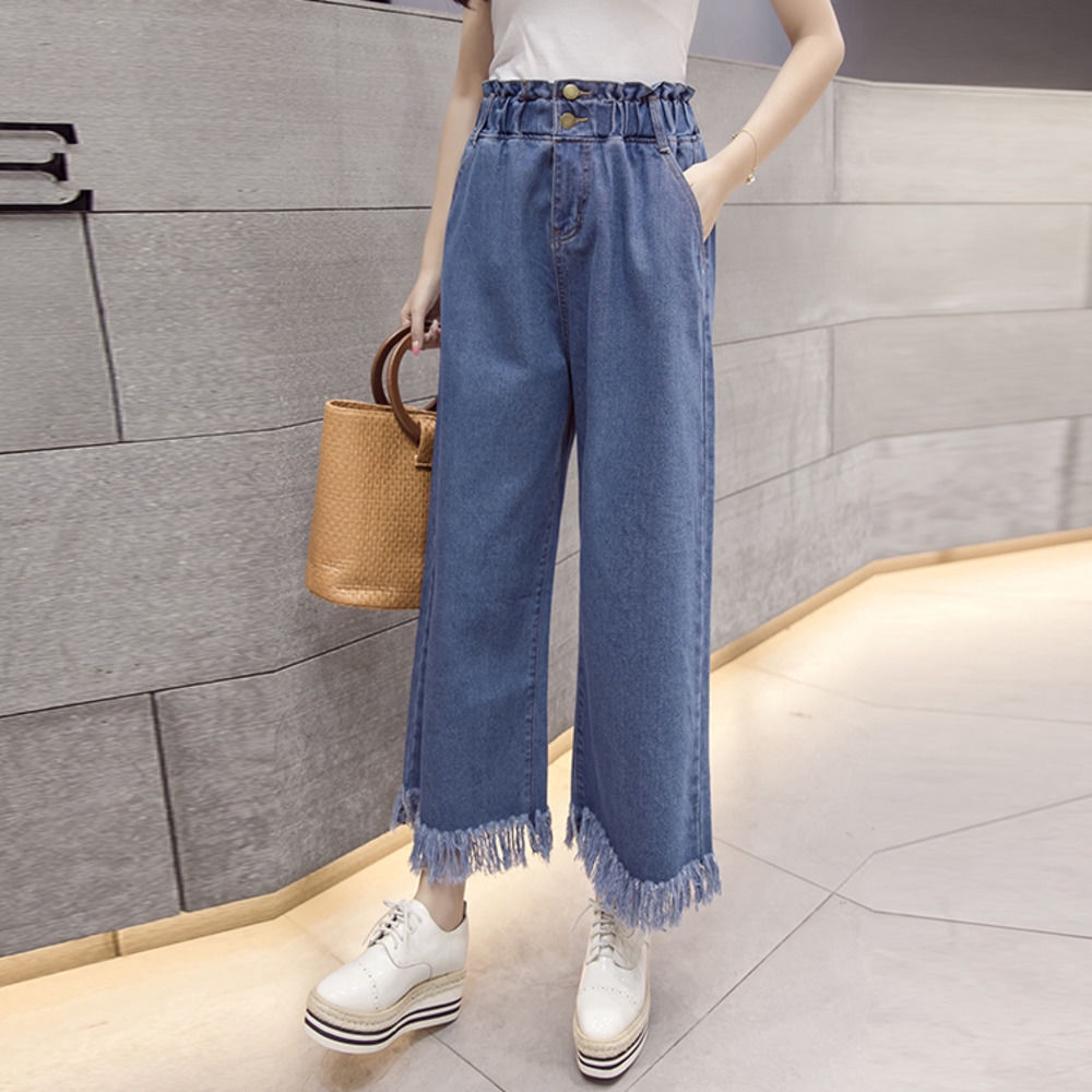 Quần Jean Dài Ống Rộng Lưng Thun Co Giãn Thời Trang Xuân Hè Phong Cách Retro