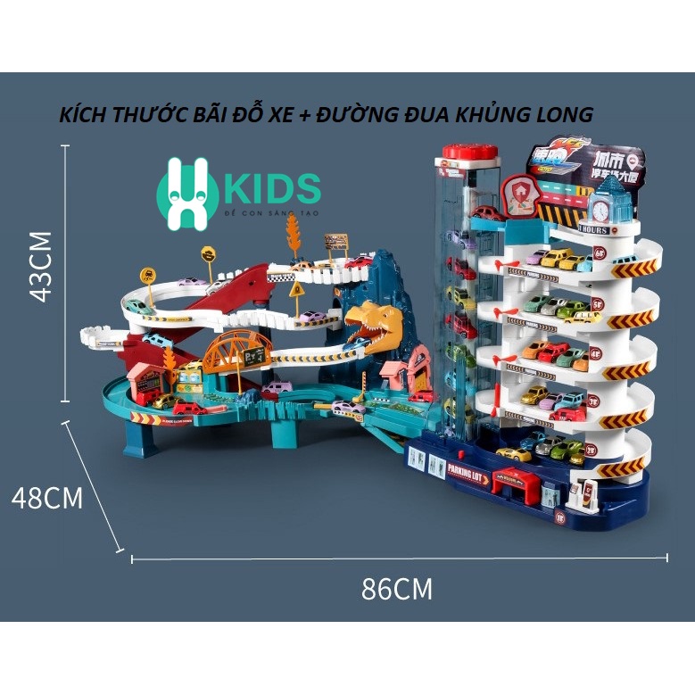 Bộ đồ chơi đường đua khủng long siêu tốc kết hợp garage đỗ xe ô tô 5 tầng kích thước lớn cho bé
