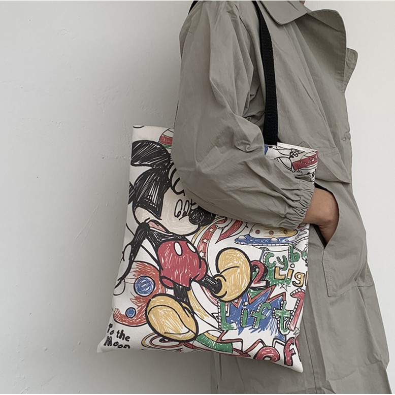 Túi tote vải canvas chuột Mickey có khóa kéo