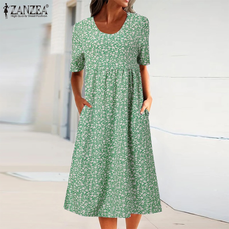 Đầm babydoll Zanzea họa tiết hoa có túi phong cách Châu Âu cho nữ