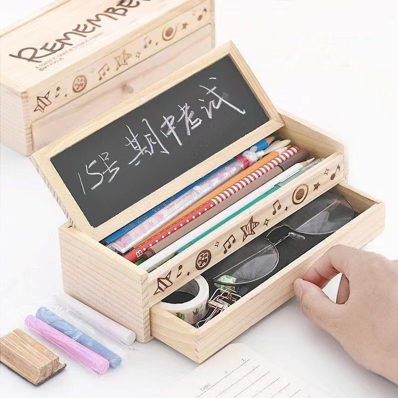 Hộp Đựng Bút Bằng Gỗ Hai Ngăn Có Sức Chứa Lớn Đa Năng Sáng Tạo Cho Học Sinh