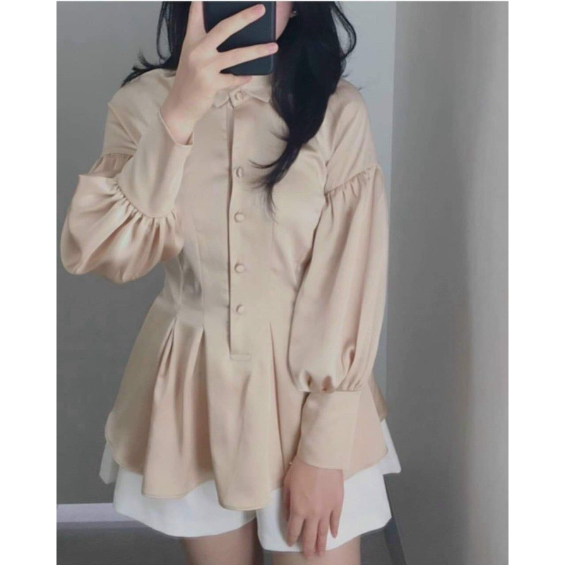 ÁO SƠ MI TAY PHỒNG BO EO MÀU NUDE