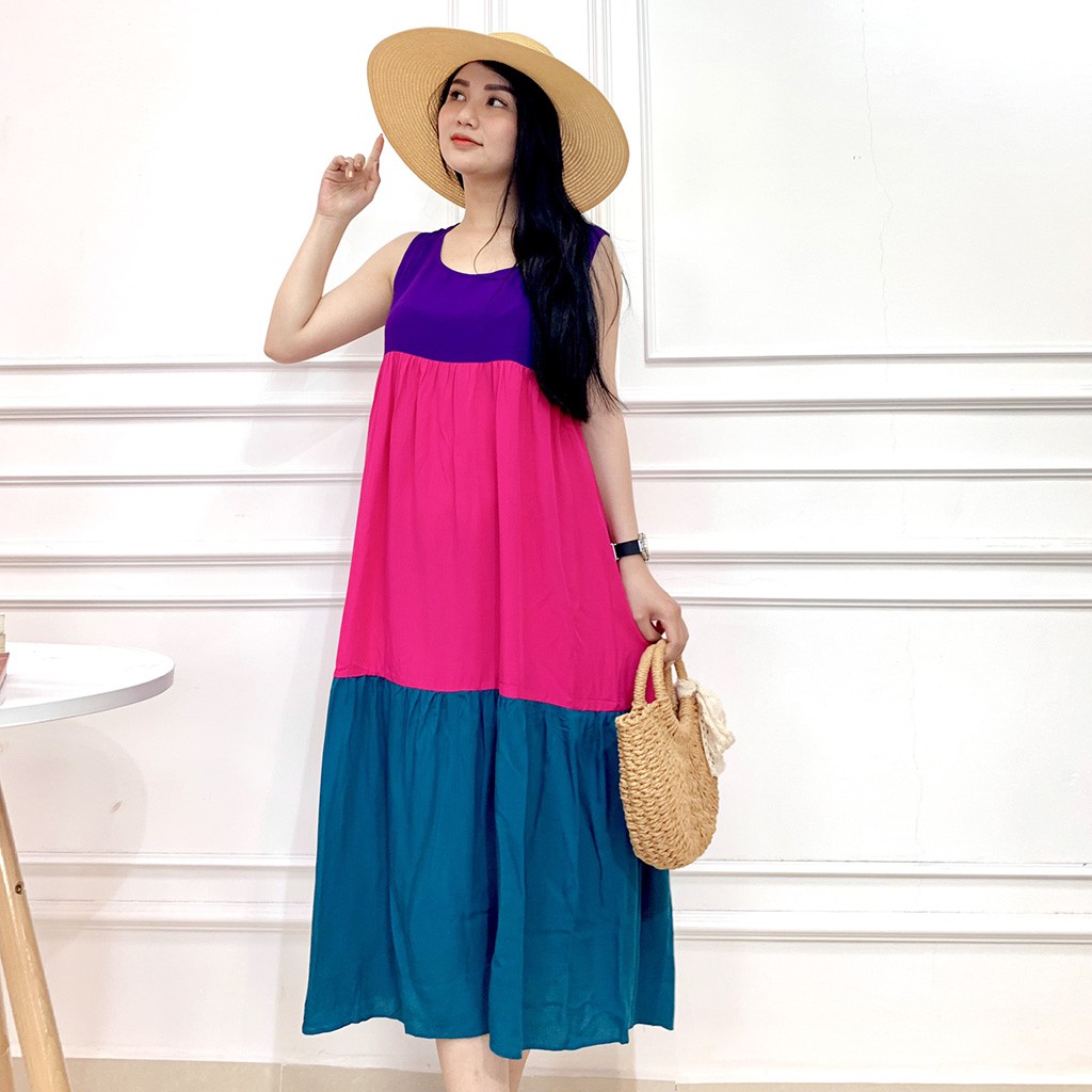 Đầm maxi đi biển phối màu dáng suông - Váy maxi lanh mùa hè [𝑯𝒐𝒕 𝑻𝒓𝒆𝒏𝒅] va023 | BigBuy360 - bigbuy360.vn