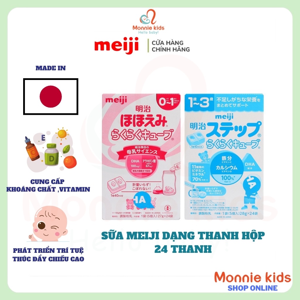 Sữa Meiji Dạng Thanh Hộp Size 0-1 và 1-3, Hộp 24 Thanh ( 648g )