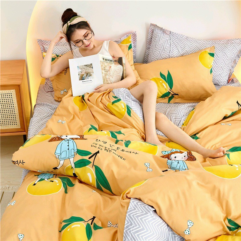 Bộ chăn ga gối cotton poly Lidaco decor phòng ngủ vintage - Em Bé Cam ( SP001288)