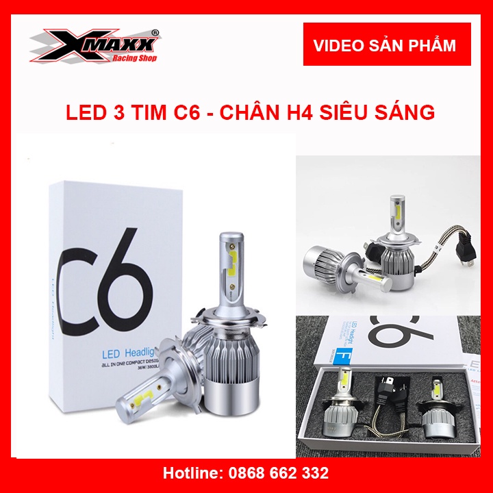 Đèn pha LED 3 tim chân H4 - C6. Độ sáng cực cao. Bảo hành 6 tháng