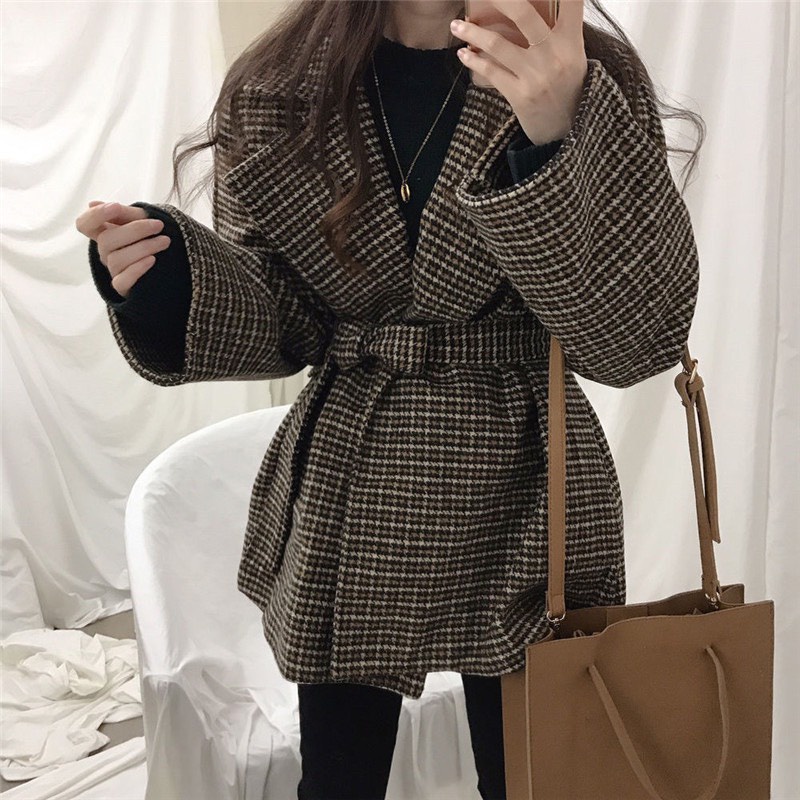 Áo khoác kiểu nữ dạ kẻ caro cổ vest 2 lớp dày ấm kèm đai thắt nơ phong cách Hàn Quốc Sollle