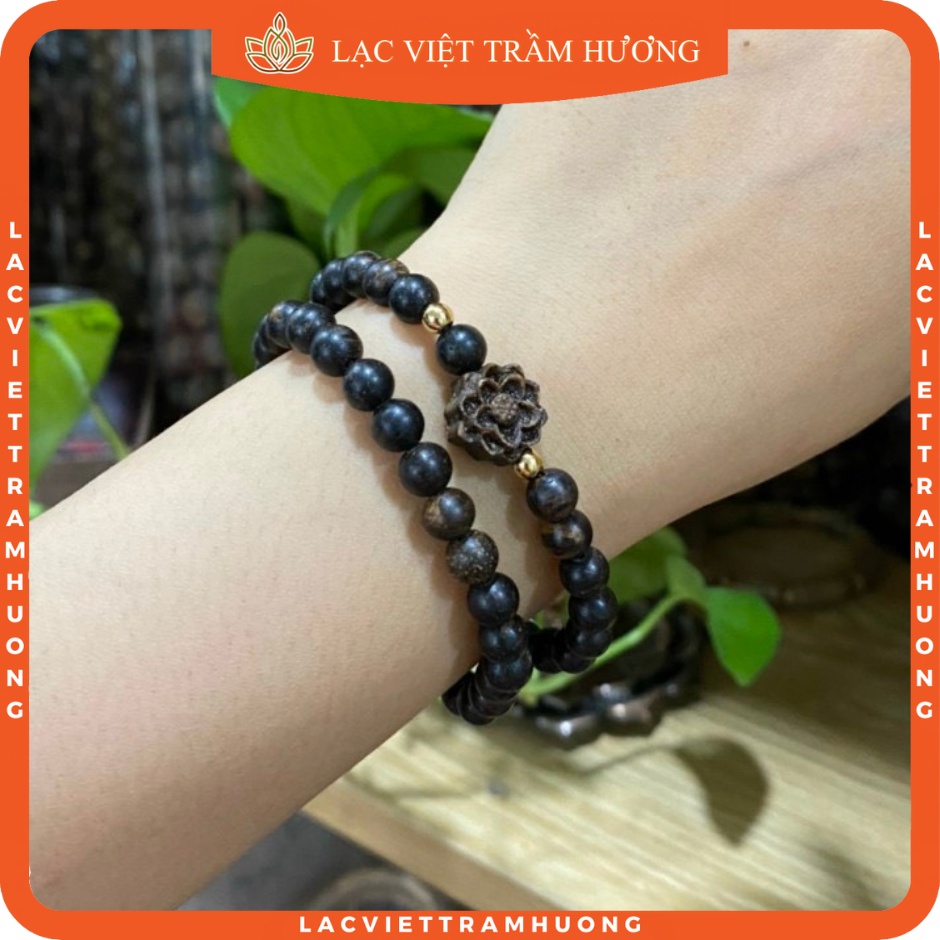 Vòng Tay Trầm Hương Dó Dây Indo 54 Hạt 6mm Kết Hợp Hoa Sen Hoa Sen Trầm Sánh Chìm - Lạc Việt Trầm Hương