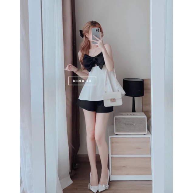 Set áo hai dây phối nơ + quần short đen (Size 40-53kg)