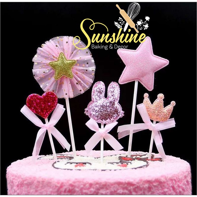 Set 5 que cắm Thỏ Tim Sao Vương Miện nhũ Topper Trang Trí Bánh Kem Sinh Nhật