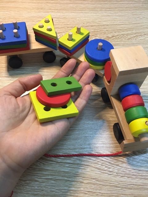 Đồ chơi giáo dục 𝑭𝑹𝑬𝑬𝑺𝑯𝑰𝑷 đồ chơi gỗ đoàn tàu thả cọc hình khối, giáo cụ Montessori