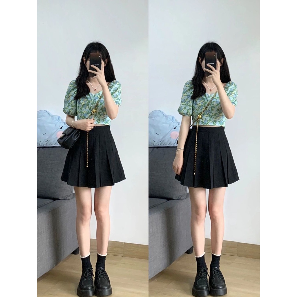 Bộ Áo Tay Phồng + Chân Váy Xếp Ly In Họa Tiết Hoa Thời Trang Mùa Hè Xinh Xắn Cho Nữ