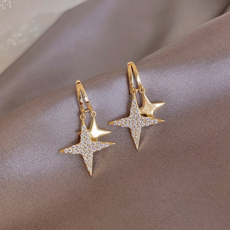 Bông Tai Mạ Bạc 925 Hình Ngôi Sao Đính Kim Cương Thời Trang Hàn Quốc