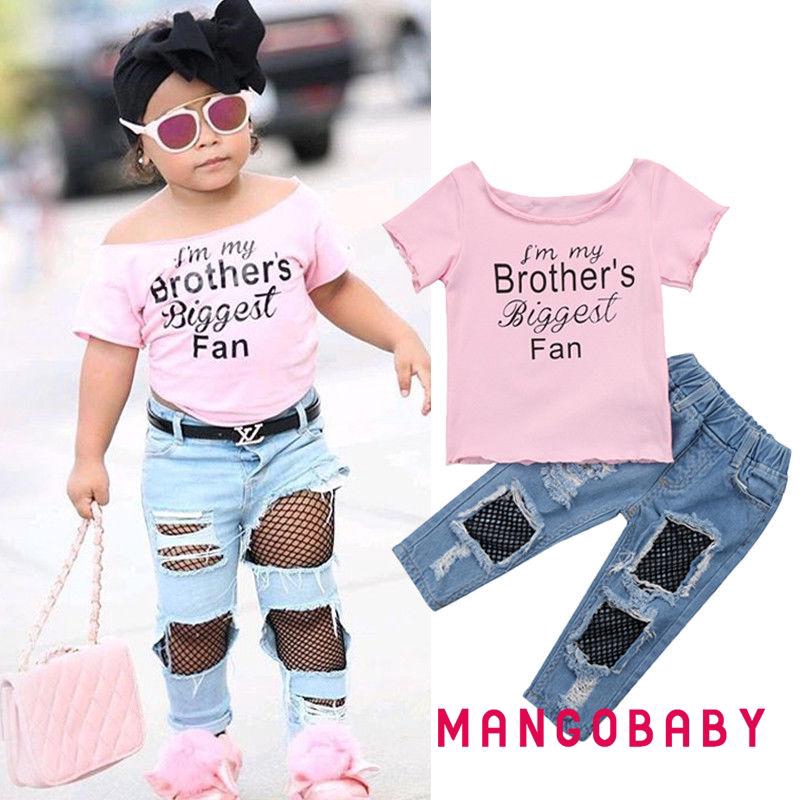 Set Áo Thun In Chữ + Quần Jeans Dài Thời Trang Cho Bé Gái