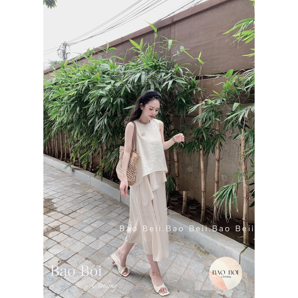 Váy sát nách gấm phối lụa, Váy tiểu thư basic, Bao Boi Clothing