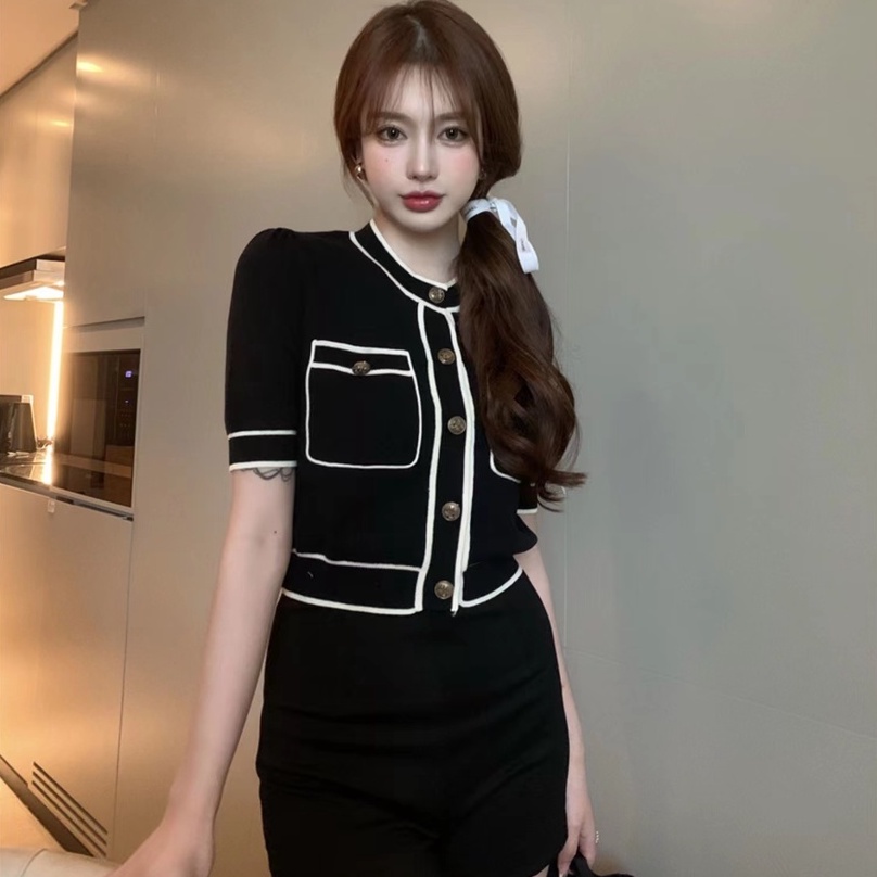 [Hana And Alice]  Áo Dệt Kim Tay Ngắn Vải Lụa Lạnh Mỏng Thời Trang Mùa Hè 2023 Small fragrance wind