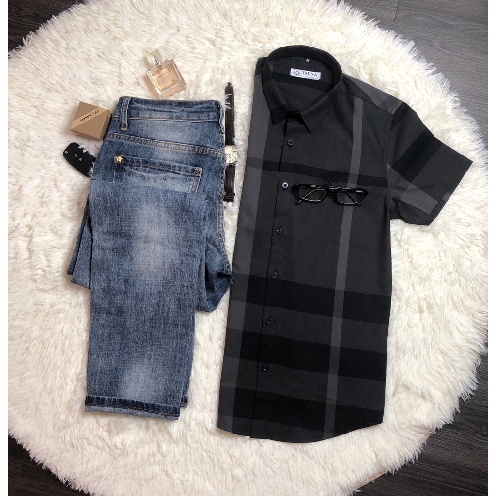 Áo sơ mi nam cộc tay họa tiết kẻ to BBR chất cotton xịn màu đen