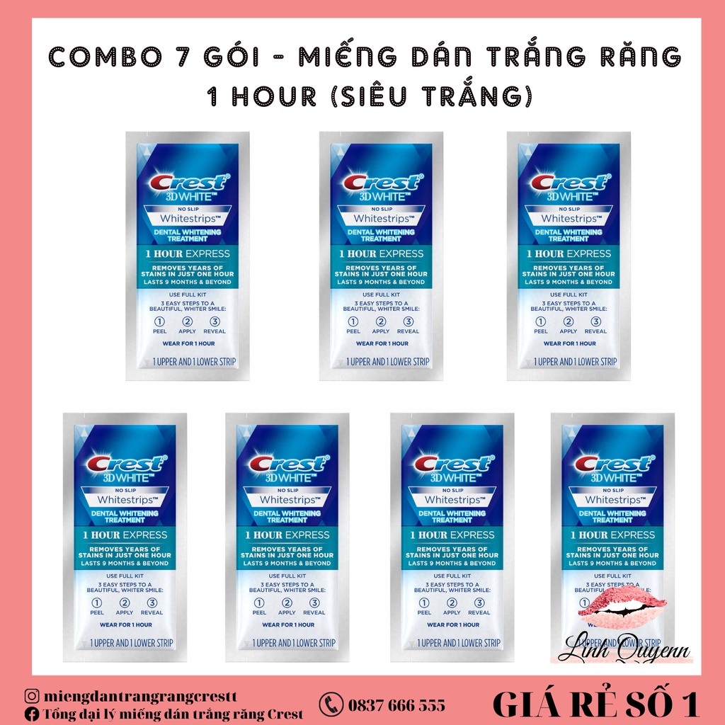 Miếng dán trắng răng Crest 1 Hour (Trắng cấp tốc) - Combo 7 gói