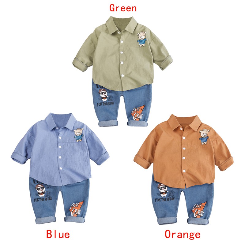 Bộ áo sơ mi dài tay họa tiết heo hoạt hình + quần denim thời trang cho bé trai 0-4 tuổi