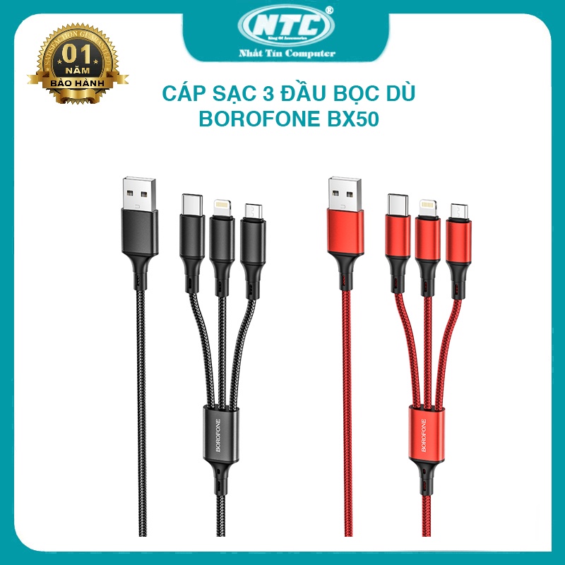 Cáp sạc 3 đầu/Micro-USB/USB-C Borofone BX50 Fresco dài 1m,max 2.4A (Màu Random)-Nhất Tín Computer