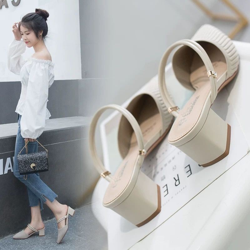 giày nữ cao dép đế cao dép gót giày cao dép cao từ giày sandal 7cm giày 7cm✔♦Sandals and slippers summer 2021 new small size pointy thick heel Shoes Baotou mid-heeled high-heeled plus spring women s