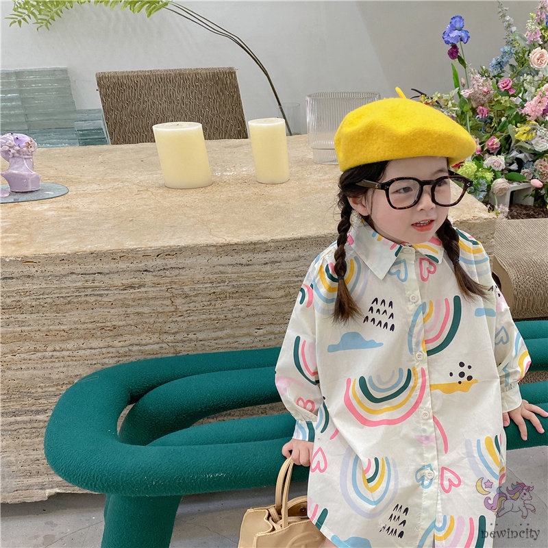 Đầm Dài Tay In Họa Tiết Cầu Vồng Cho Bé