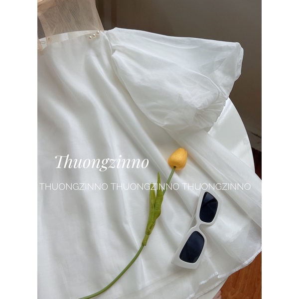 [Ảnh thật/Video]Áo babydoll trễ vai tiểu thư màu trắng xoè đính hạt  ngọc Áo trễ vai Hàn Quốc