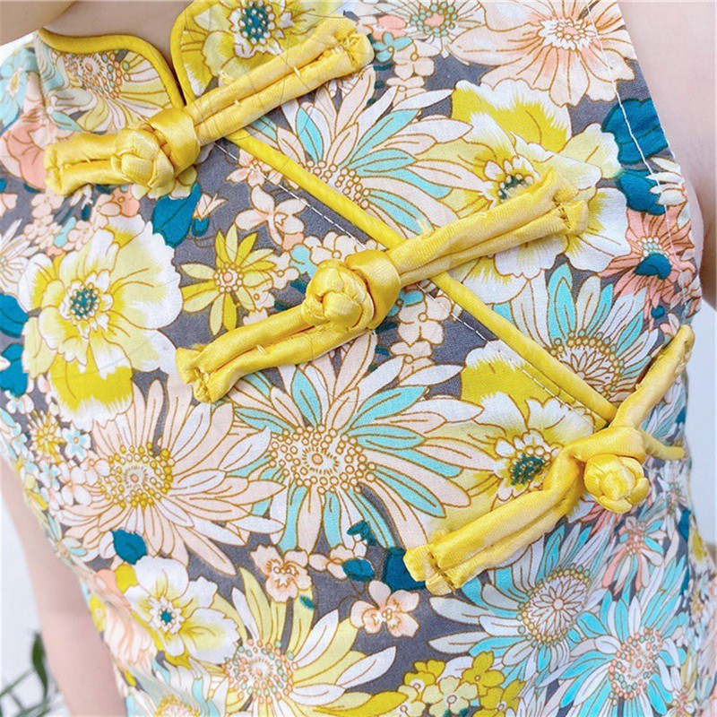 Sườn xám tay ngắn in họa tiết hoa phong cách Trung Hoa thời trang cho bé gái
