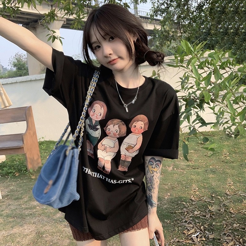 Áo Thun Tay Ngắn Cổ Tròn In Họa Tiết Hoạt Hình Dễ Thương Thời Trang Cho Nữ Áo Phông Form Rộng Cổ Tròn