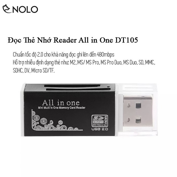 Đọc Thẻ Nhớ Reader Chuẩn Tốc Độ 2.0 All In One DT105 Hỗ Trợ Nhiều Định Dạng Thẻ Nhớ MS Pro M2 MicroSD TF MS Duo SD SDHC