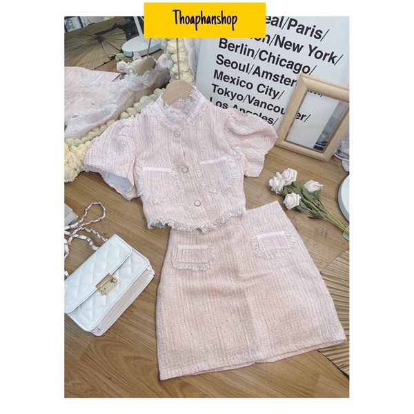 SET DẠ VIỀN TUA RUA ÁO CỔ TRỤ CROPTOP + CHÂN VÁY [kèm ảnh thật ]