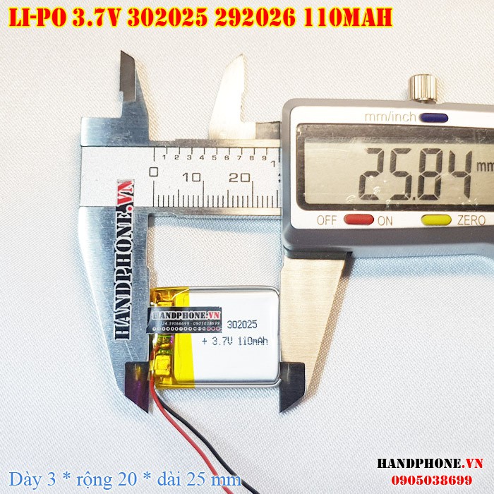 Pin Li-Po 3.7V 110mAh 302025 292026 (Lithium Polyme) cho Tai nghe Bluetooth, Smartwatch, Máy nội soi, Cân điện tử,Camera